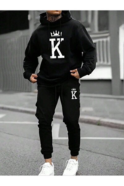 PAVRO طقم رياضي - سترة وبنطلون رياضي - هودي كبير الحجم مع طباعة حرف K بارزة