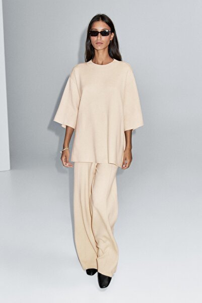 Massimo Dutti Dikiş detaylı wide leg triko pantolon