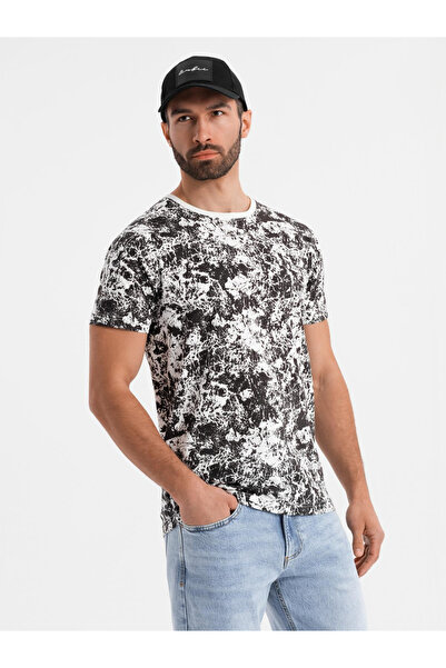 OMBRE Ανδρικό βαμβακερό κοντομάνικο μπλουζάκι με σχέδια - λευκό και μαύρο V2 OM-TSFP-0223 XXL