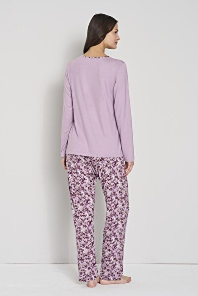 Pijadore Women's Plus Size Lilac Floral Print Button down Collar Long Sleeve Pajama Set C0T1N91