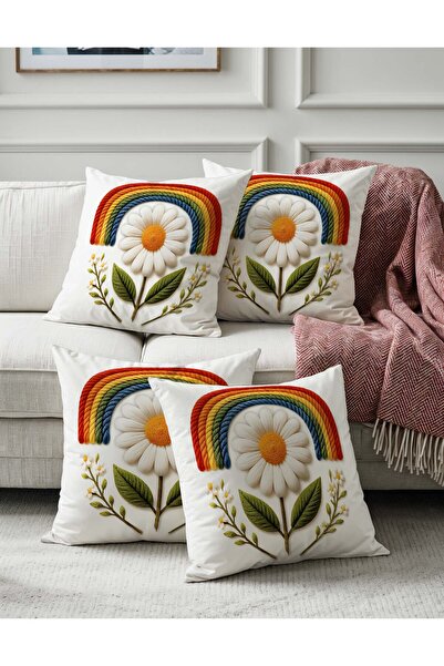 Pillow Home Rainbow Daisy Embroidery Look Digital Printed Decorative Set of 4 Throw Pillow Covers