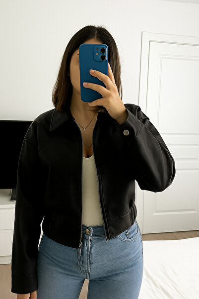 Ceylen Jachetă scurtă din piele artificială pentru femei de sezon nou supradi...