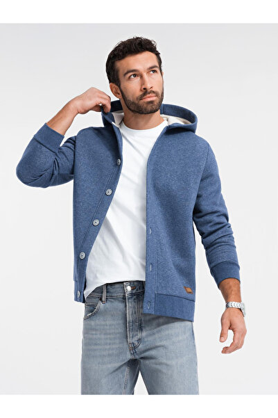 OMBRE Pánská mikina s kapucí na knoflíky - tmavě modrá melanž V1 OM-SSZP-0186 XL