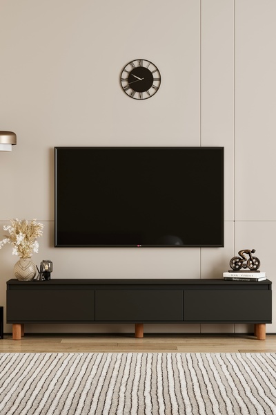 moldesan Mila SİYAH MDF 200 cm tv ünitesi Raflı,kapaklı,ayaklı