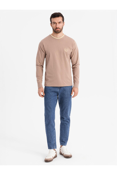 OMBRE Pánské bavlněné tričko s dlouhým rukávem, pruhovaným výstřihem do U a výšivkou - hnědé V6 OM-LSCL-0128 XL