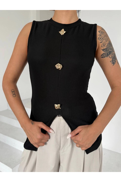 Ethab Ticaret Women's black crew neck gold buttoned ottoman blouse