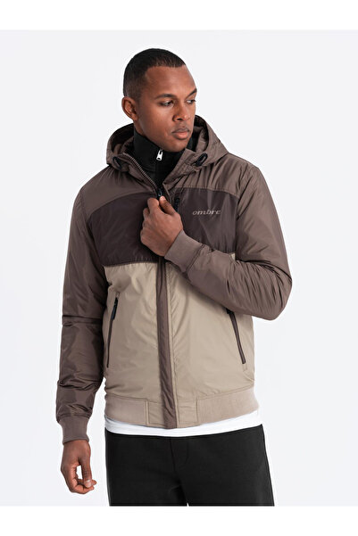 OMBRE Lightweight colorful men's sports jacket with fleece - beige and dark brown V19 OM-JANP-0194