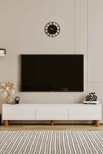 moldesan Mila BEYAZ MDF 200 cm tv ünitesi Raflı,kapaklı,ayaklı