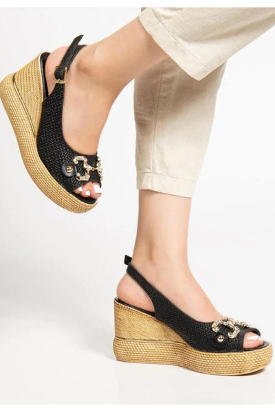 Ethab Ticaret Caver Black Leather Wedge Heel Sandals