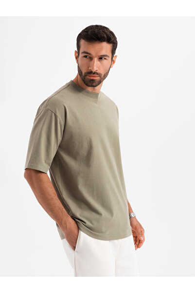 OMBRE Ανδρικό βαμβακερό μπλουζάκι LOOSE FIT με στρογγυλή λαιμόκοψη - χακί V8 OM-TSBC-0234 XXL