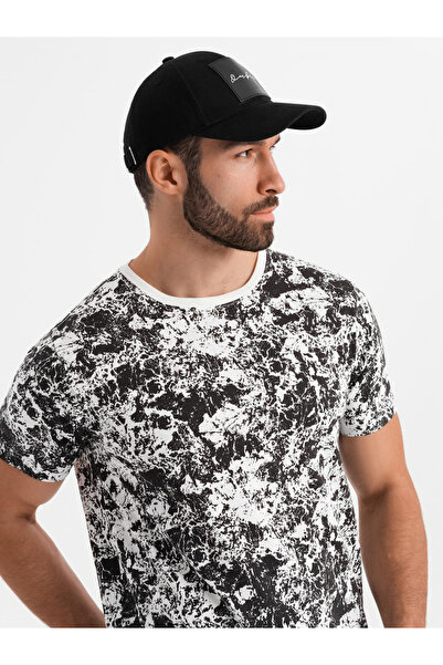 OMBRE Ανδρικό βαμβακερό κοντομάνικο μπλουζάκι με σχέδια - λευκό και μαύρο V2 OM-TSFP-0223 XXL