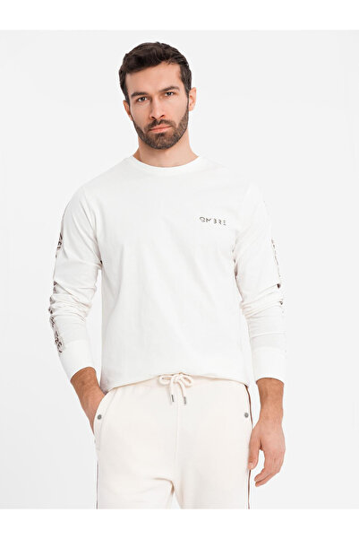 OMBRE Ανδρικό βαμβακερό μακρυμάνικο μπλουζάκι με λαιμόκοψη U, ριγέ σχέδιο και τύπωμα στο στήθος - λευκό V3 OM-LSCL-0127 M