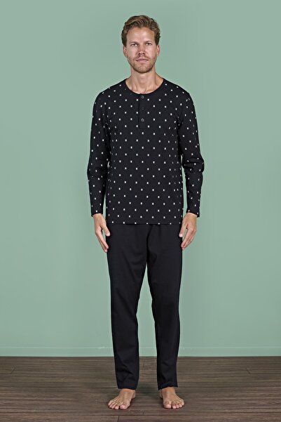 Pijadore Ανδρικό σετ πιτζάμες με μαύρο μακρυμάνικο μοτίβο με κουμπιά C9T2N91