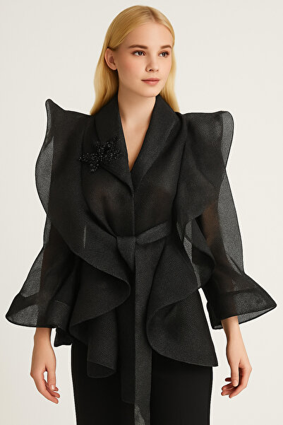 Hürrem Aldinç FİLE KUMAŞ YAKA İŞLEMELİ SİYAH ABİYE CEKET