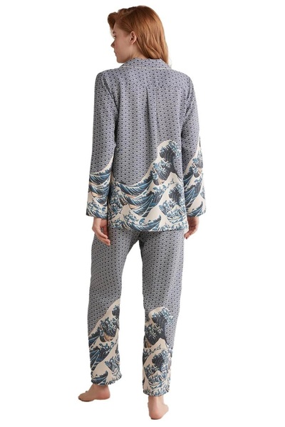 YUYİ N A U T I C A GÖMLEK YAKA UZUN KOLLU ÖNDEN DÜĞMELİ KADIN PİJAMA TAKIM