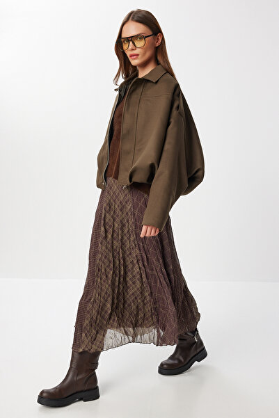 Lovelyİstanbul Desenli Kırışık Efektli Midi Şifon Etek LNS0088 KAHVERENGİ HAKİ