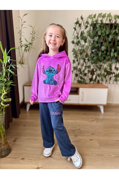 ANKANOVA طقم رياضي للفتيات مطبوع بشخصية ستيتش مع ترتر، قماش مخملي أرجواني، بل...