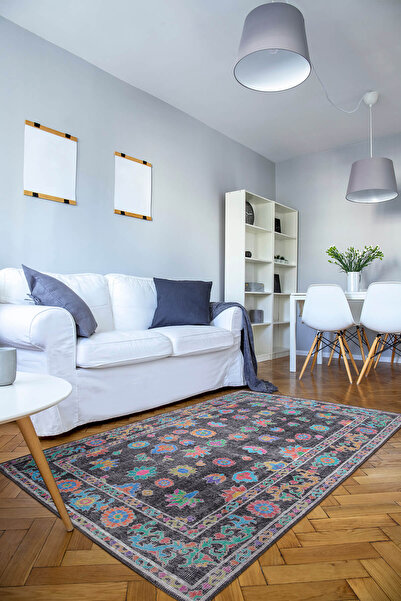 ARTLOOP Soul Etnik Geometrik Çiçek Desenli Dokuma Taban Dekoratif Siyah Halı AL 146