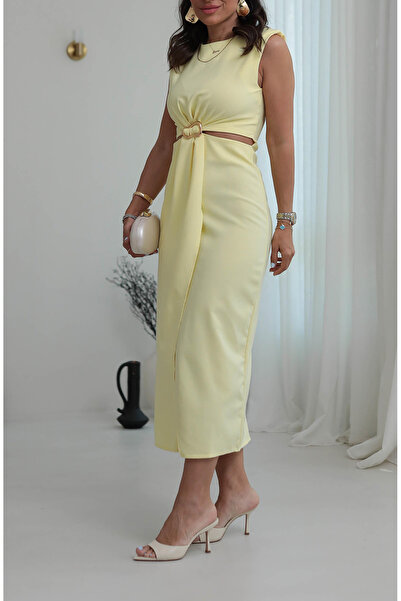 studio fashion 1988 Kadın Sıfır Kol Bel Dekolteli Gold Tokalı Midi Elbise