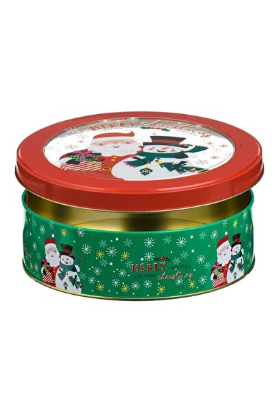 SHOPIENS Christmas Metal Box Round Green Red Window 17x5cm Biscuits Cookies
