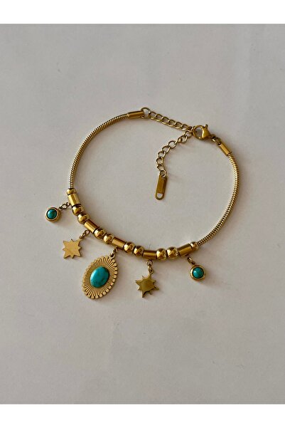 H&T acsessories سوار سلسلة من الفولاذ المقاوم للصدأ مع حجر الفيروز الذهبي