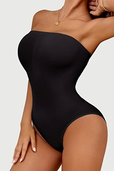 MİSTİRİK Fossini Model Firming Effective Strapless Bodysuit with Snap Fasteners at the Bottom, Black Color