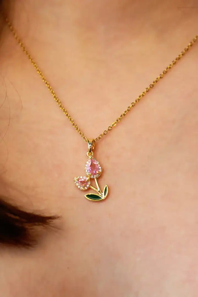 Harlofia Jewelry Çelik Pembe Taşlı Lale Kolye