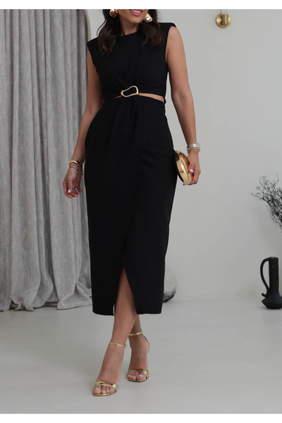 studio fashion 1988 Kadın Sıfır Kol Bel Dekolteli Gold Tokalı Midi Elbise