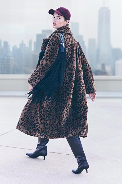 Stradivarius Leopar desenli uzun suni kürk kaban