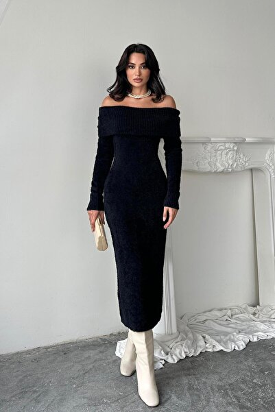 Serica Moda Μαύρο πλεκτό φόρεμα Madonna γιακά