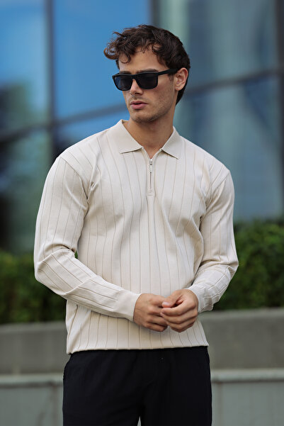 aziso Beige Men's Polo Neck Half Zip Knit Sweater