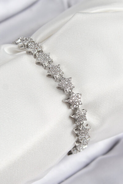 Skygo VIP Seri Pirinç Zirkon Taşlı Sıralı Yıldız Model Gümüş Renk Kadın Bileklik