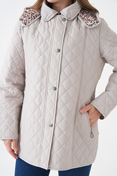 Butik Women's Plus Size Hooded Leopard Print Zipper Snap Button Quilted Coat Jacket