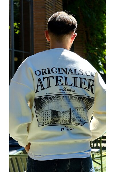 The Champ Clothing Unisex Oversize Sweatshirt Atelier Printed White – Crew Neck, 3 Thread Raised Fleece