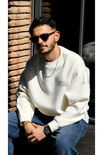 The Champ Clothing Unisex Oversize Sweatshirt Atelier Printed White – Λαιμόκοψη, 3 κλωστές από φλις με ανάλαφρη επένδυση