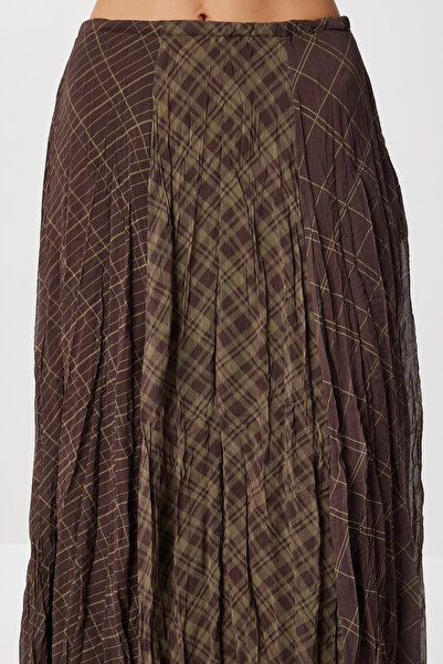 Lovelyİstanbul Desenli Kırışık Efektli Midi Şifon Etek LNS0088 KAHVERENGİ HAKİ