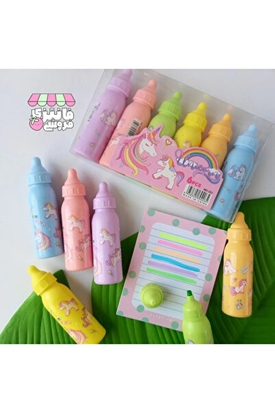 HEPBİMODA Unicorn Mini Fosforlu Kalem Seti 6'lı Mini Biberon Şeklinde Kalem