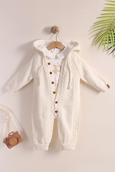 kidello White Knitted Baby Boy Hooded Long Jumpsuit