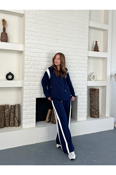 BELISTIL Lacivert Beyaz Kalın Şeritli Modal Kumaş Relax Fit Kapüşonlu Alt Üst...