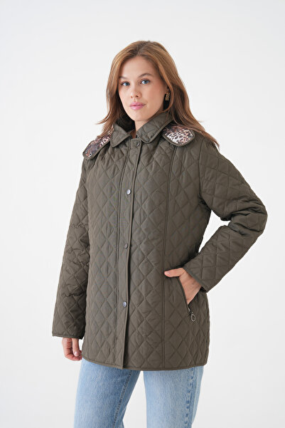 Butik Women's Plus Size Hooded Leopard Print Zipper Snap Button Quilted Coat Jacket