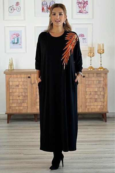 Nevin Kaya Moda فستان من القطن الممشط والفسكوز مع ياقة مزينة بالترتر البرتقالي