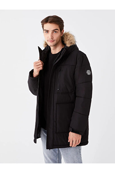 LC Waikiki Мъжко палто с качулка, черно и стандартен модел, XSIDE