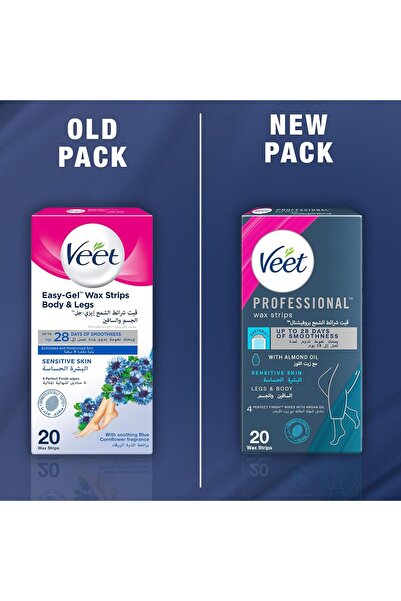 Veet Easy-Gel Wax Strips for Sensitive Skin, Body and Legs, with Almond Oil and Cornflower Scent, 20