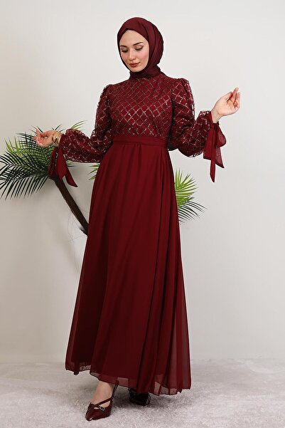 giz astore Leyal Tül Detay Elbise Bordo