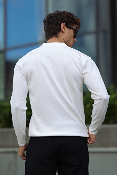 aziso White Men's Polo Neck Half Zip Knitwear Sweater