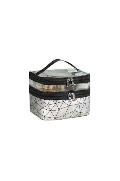 ECARLA Cosmetic bag, foldable, 2 compartments, geometric pattern, silver, 9x23x15.5 cm, eCarla, KS35WZ4