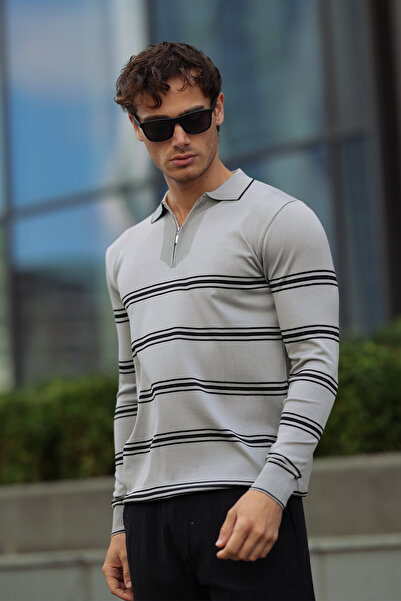 aziso Men's Polo Neck Striped Half Zip Knit Sweater
