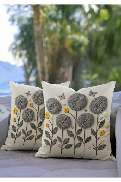 Sakallı Набір з 2 чохлів для подушок з цифровим принтом у вигляді вишивки, сірого кольору, з літнім квітковим мотивом