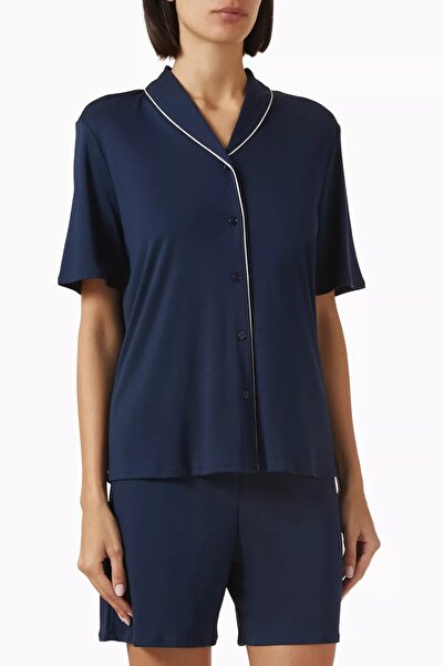 Hanro Natural Comfort Lyocell Luxury Pajama Set Navy Blue Contrast Trim Design