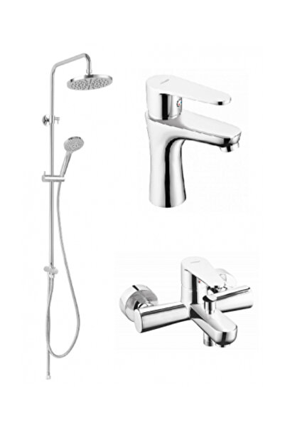 FERRO 3 in 1 package Algeo basin mixer, bathtub/shower mixer and WIZARD shower column, chrome